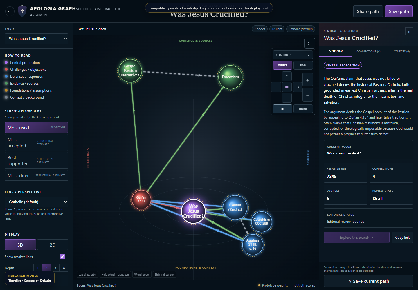 The live 3D Galaxy with orbit and zoom controls, selected-node details and source context. Compatibility mode and prototype connection weights are shown.