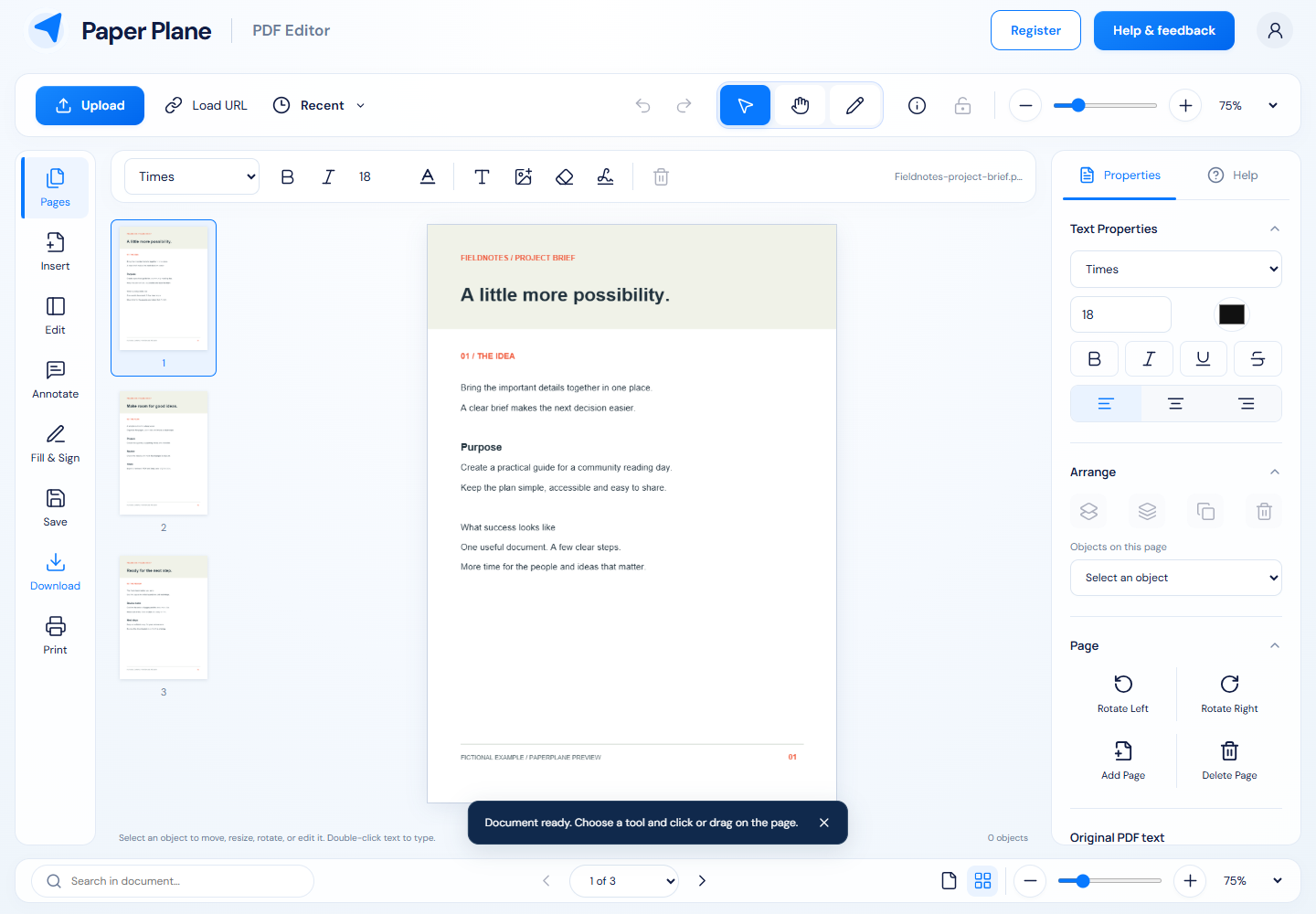 Paperplane PDF editor with a fictional project brief, page navigation and editing controls.