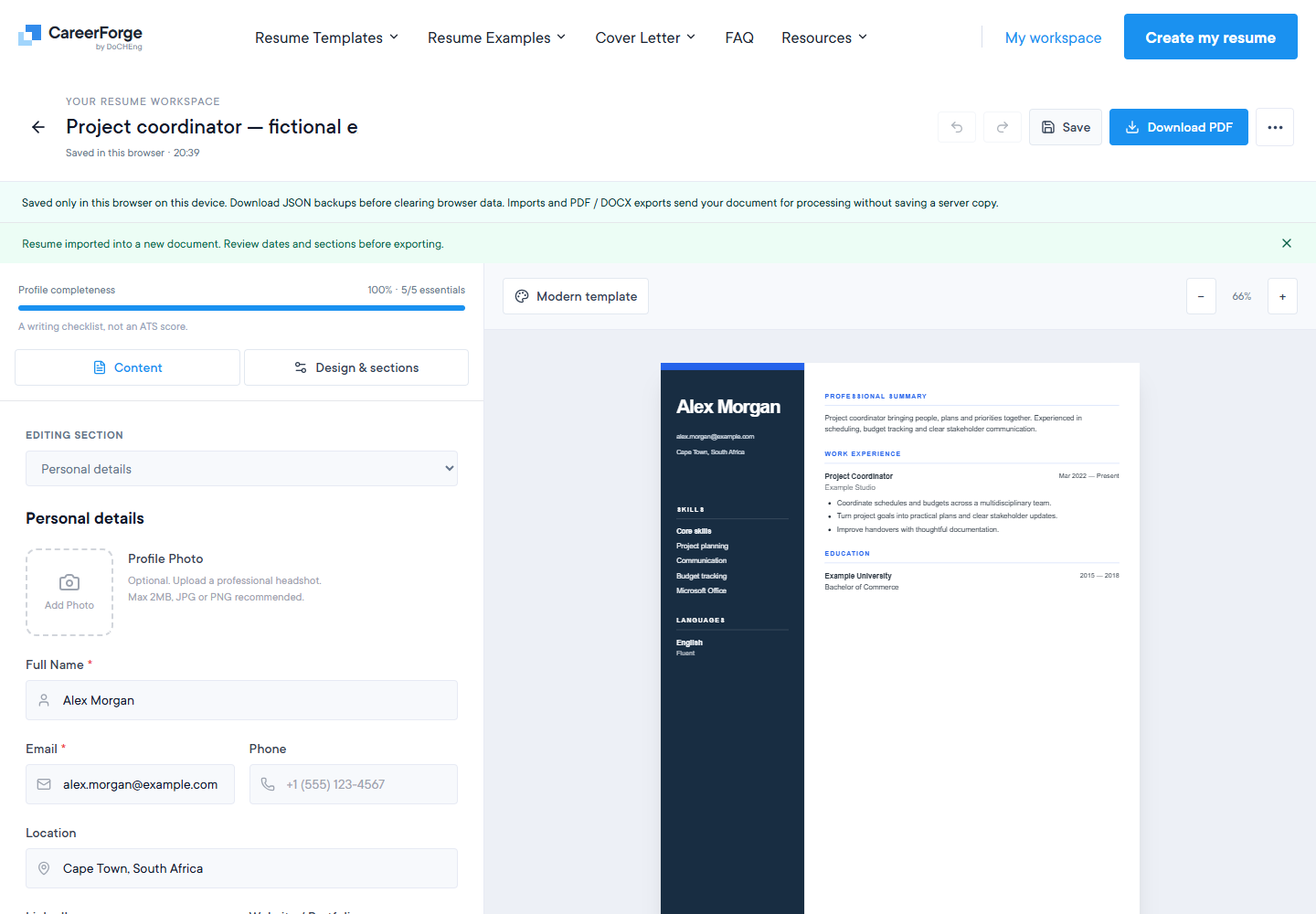 CareerForge résumé builder: editable sections and a live A4 preview. Fictional example details.